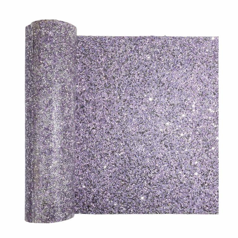 Lavender table runner with a textured shimmering surface and subtle waves embellished with sparkling rhinestones throughout.