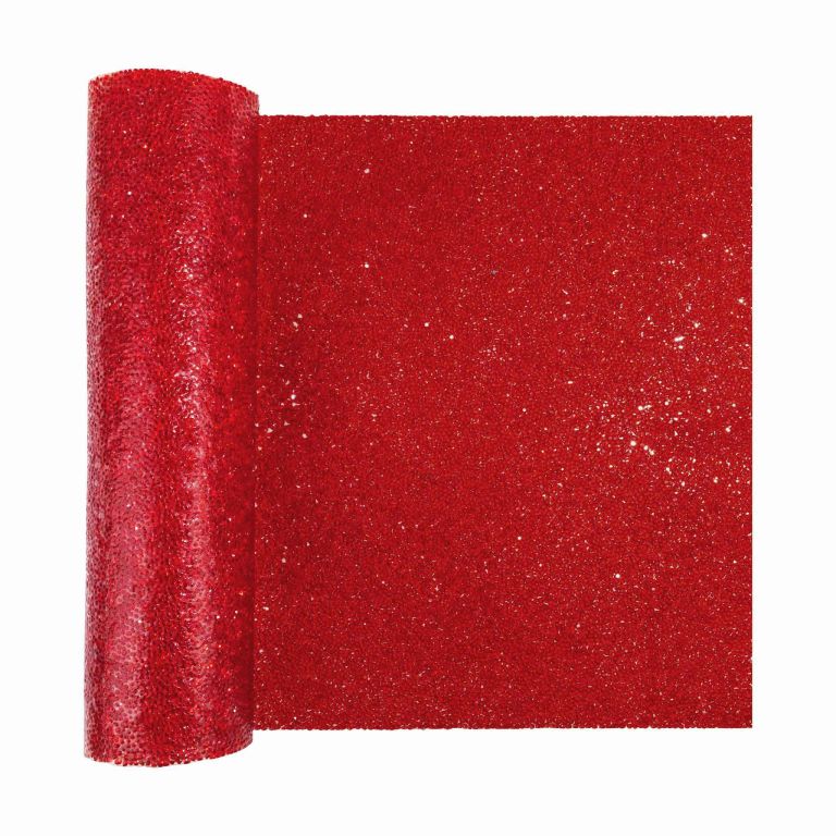 Red table runner with a smooth texture embellished with sparkling silver rhinestones throughout folded at one end.