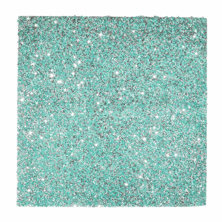 Aqua square placemat with a textured surface featuring shimmering rhinestones throughout.