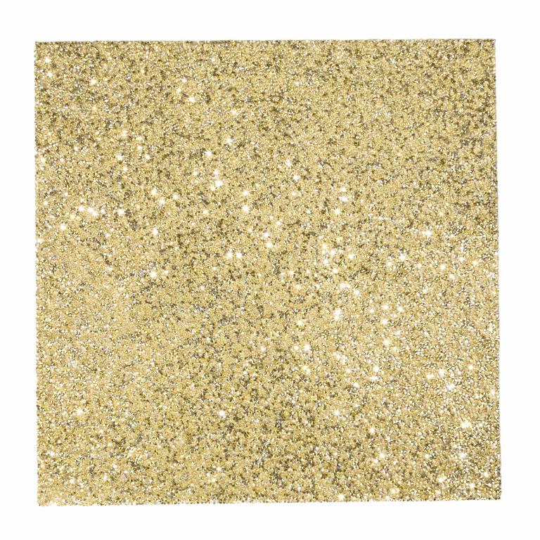 Champagne square placemat with a shimmering gold glitter texture and a smooth surface measuring 14"x14".