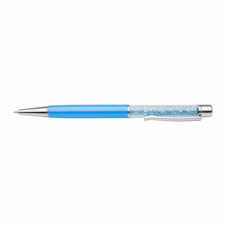 Aqua pen with a shiny blue barrel transparent section filled with glass rhinestones and silver accents.