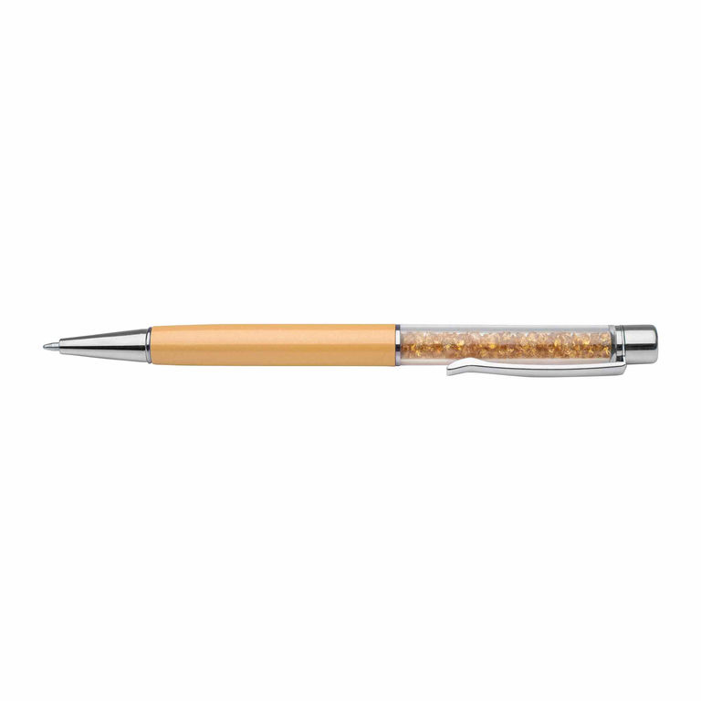 Gold pen with a smooth yellow barrel clear section filled with glass rhinestones silver accents and a twist mechanism.