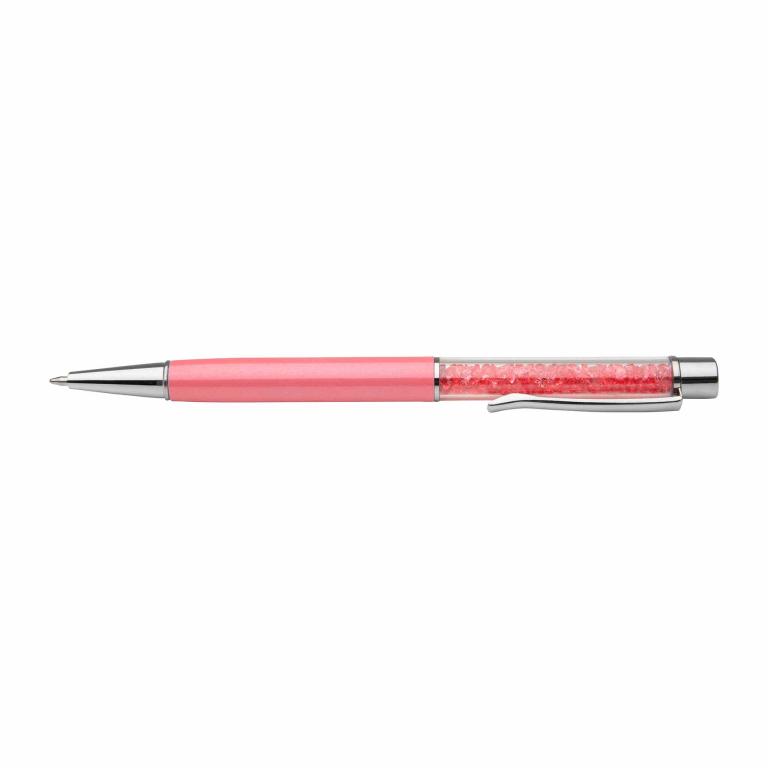 Pink pen with a glossy finish clear barrel filled with glass rhinestones and silver accents on the clip and tip.