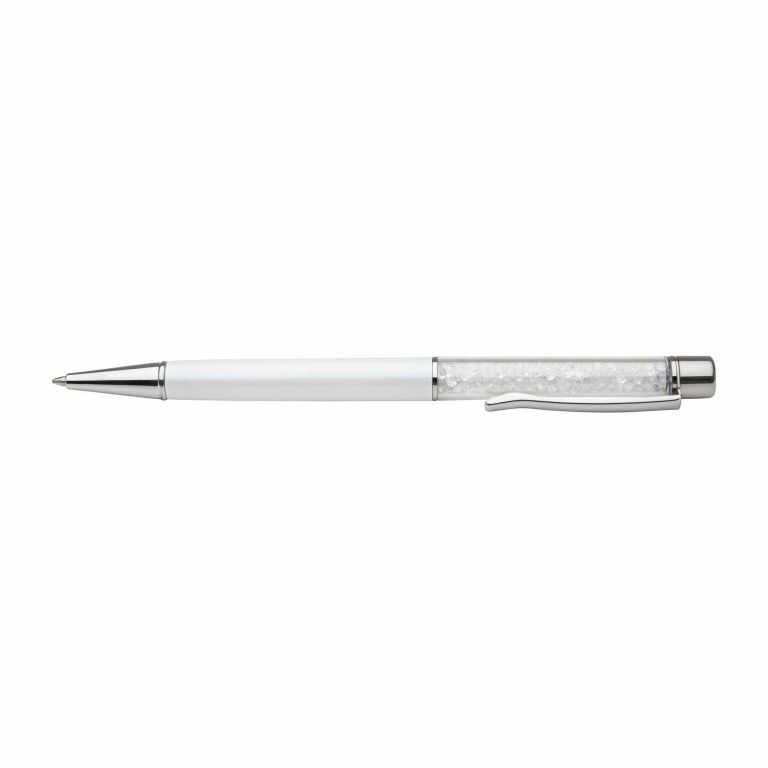 White pen with a glass rhinestone barrel chrome accents and a twist mechanism measuring 5.5 inches long and 0.5 inches wide.
