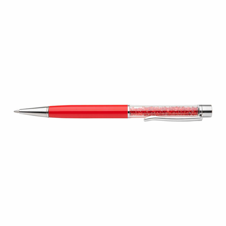 Red&#x20;pen&#x20;with&#x20;a&#x20;glossy&#x20;finish&#x20;clear&#x20;barrel&#x20;filled&#x20;with&#x20;glass&#x20;rhinestones&#x20;and&#x20;silver&#x20;metal&#x20;accents.
