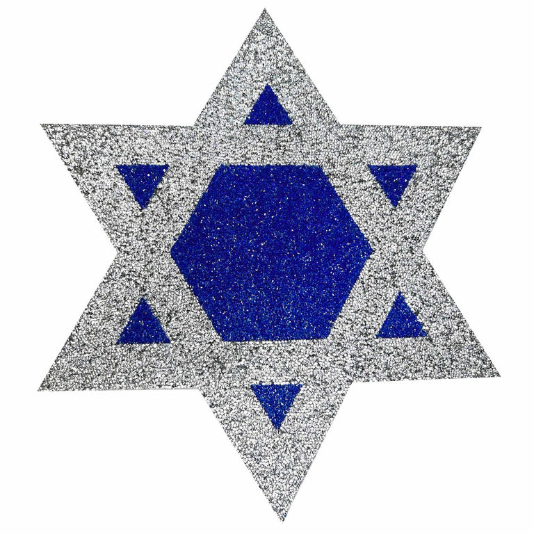Hexagram-shaped placemat with silver rhinetstone edges and a navy blue rhinestones
