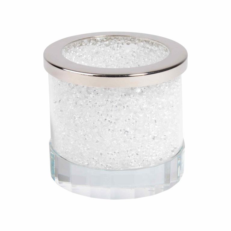 Clear glass candleholder with a silver rim filled with small clear beads and a square crystal base.