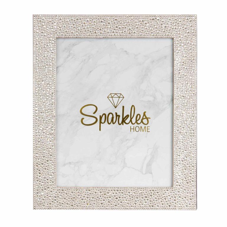 Silver picture frame adorned with glass rhinestones featuring a marble-patterned background and gold text.