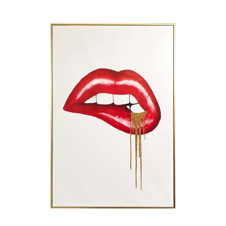 Red&#x20;lips&#x20;with&#x20;gold&#x20;dripping&#x20;embellishments&#x20;set&#x20;against&#x20;a&#x20;white&#x20;background&#x20;and&#x20;framed&#x20;in&#x20;a&#x20;gold&#x20;metallic&#x20;frame.