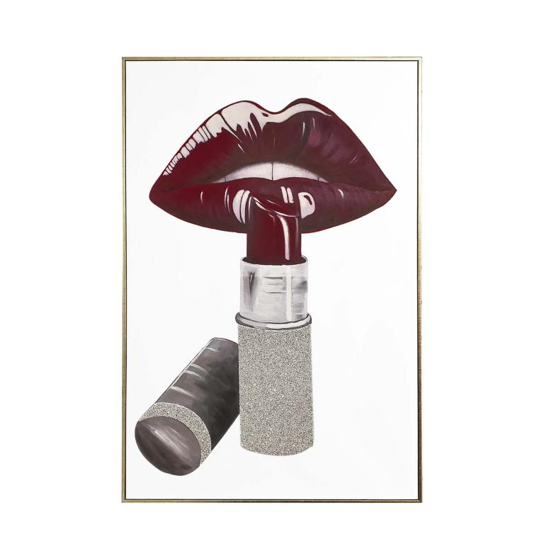 A hand-painted image of deep red lips with a glossy finish a silver lipstick tube with a glittery cap framed in metallic gold.