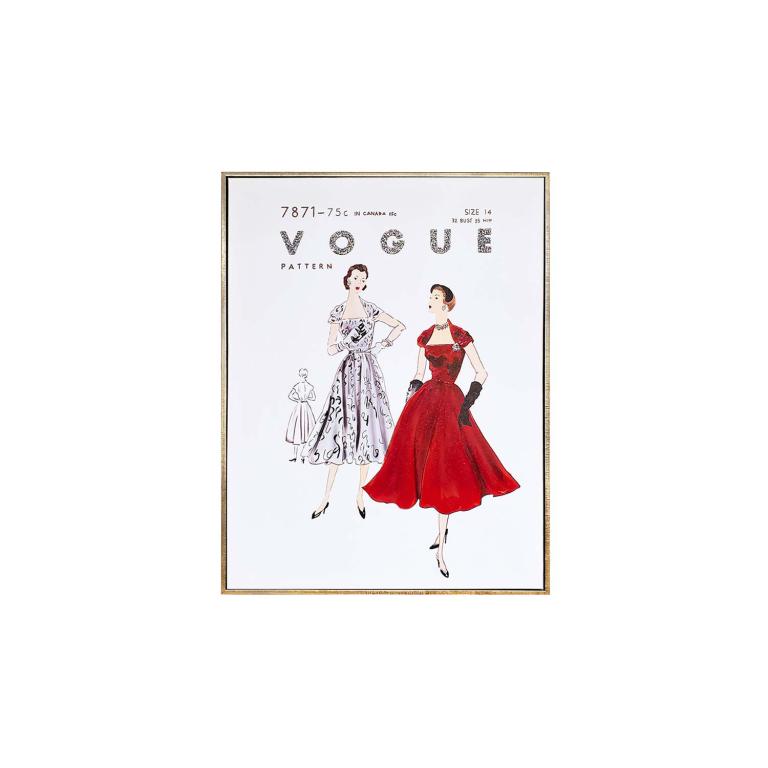 Vintage&#x20;wall&#x20;art&#x20;featuring&#x20;two&#x20;fashion&#x20;illustrations&#x20;in&#x20;red&#x20;and&#x20;black&#x20;dresses&#x20;on&#x20;a&#x20;white&#x20;background&#x20;framed&#x20;in&#x20;metallic&#x20;gold&#x20;with&#x20;rhinestones.