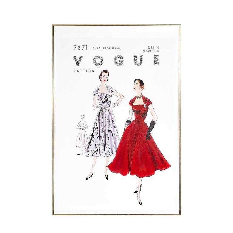 Vintage fashion illustration on canvas featuring a red dress and a black and white dress framed in metallic gold with rhinestone accents.