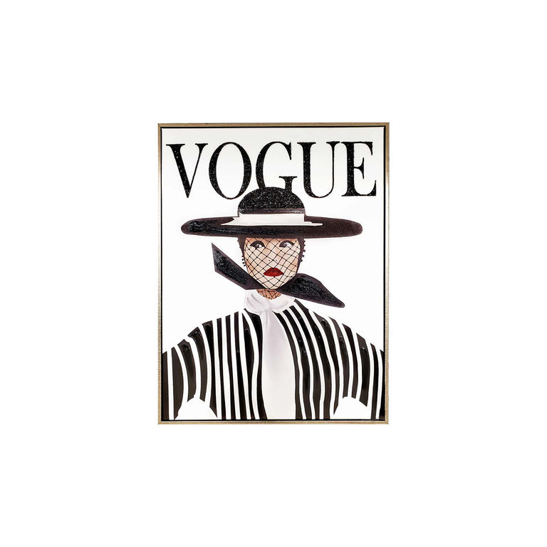 Black and white vintage fashion illustration with striped clothing a wide-brimmed hat and a gold frame featuring rhinestone embellishments.