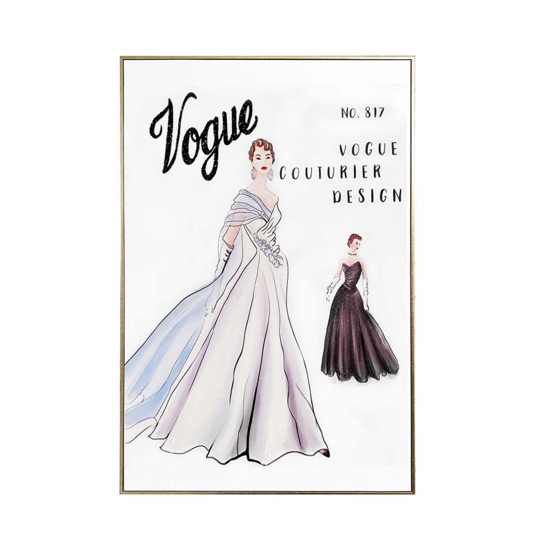 Framed art featuring two fashion illustrations of gowns one in white with blue accents and another in black on a white background.