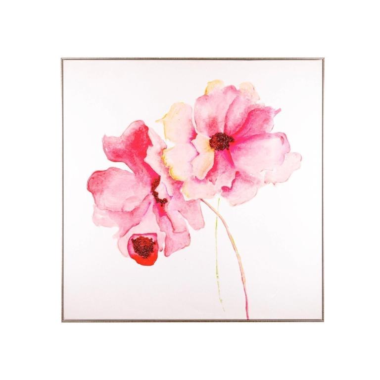 Square canvas art featuring two pink flowers with dark centers framed in metallic silver with hand-painted details and rhinestones.