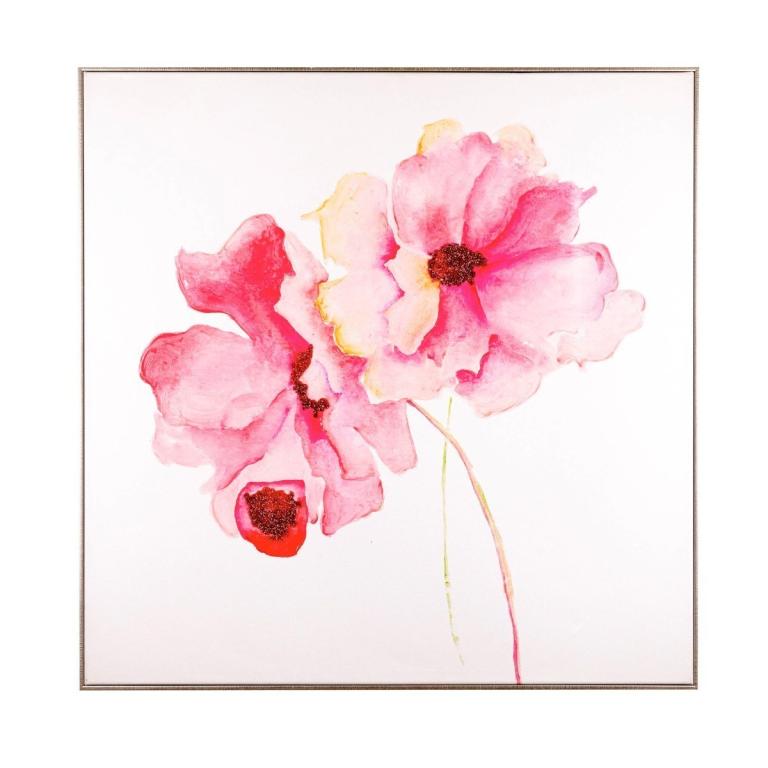 Pink flowers with dark centers on a white canvas framed in metallic featuring partial hand painting and rhinestone accents.