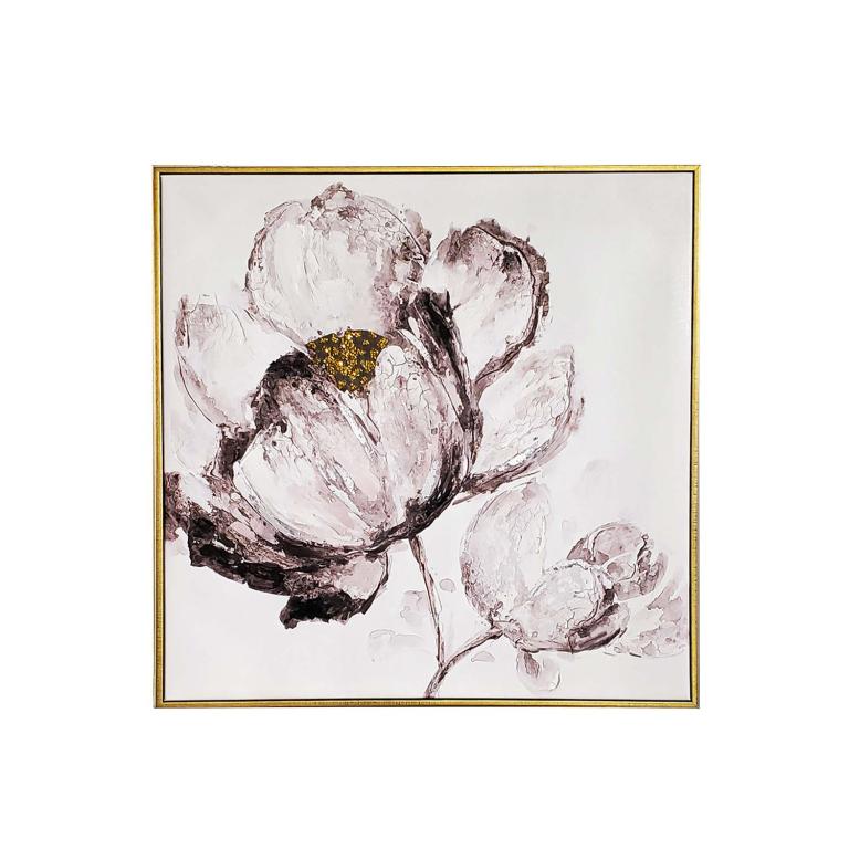 Framed canvas artwork featuring large black and white flowers with gold accents and a textured finish set in a gold frame.