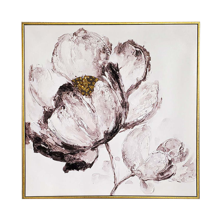 A 36x36" canvas art featuring black and white flowers with gold accents framed in metallic gold textured paint and rhinestones.