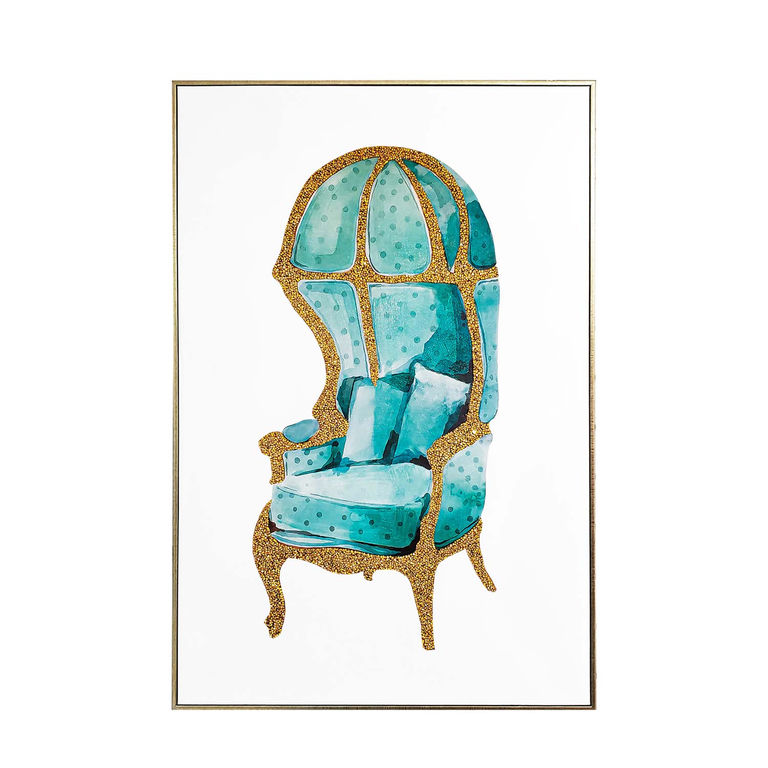 Aqua chair with gold embellishments featuring a high back armrests and two cushions set against a white background in a metallic frame.