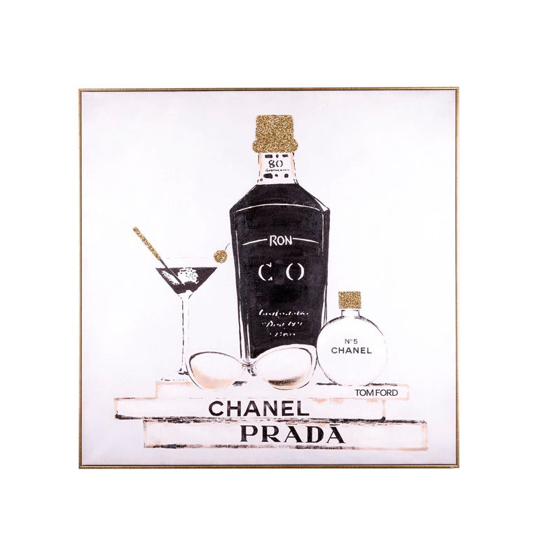 Acrylic&#x20;on&#x20;canvas&#x20;wall&#x20;art&#x20;featuring&#x20;a&#x20;black&#x20;bottle&#x20;martini&#x20;glass&#x20;and&#x20;perfume&#x20;bottles&#x20;with&#x20;gold&#x20;accents&#x20;and&#x20;a&#x20;metallic&#x20;frame.