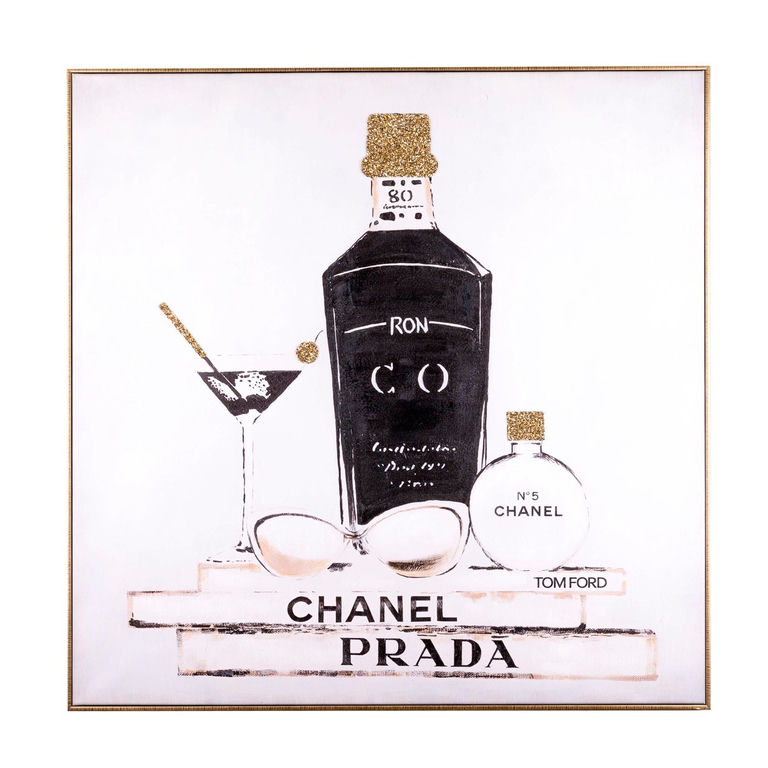 Acrylic wall art featuring a black bottle martini glass and perfume embellished with gold rhinestones in a metallic frame.