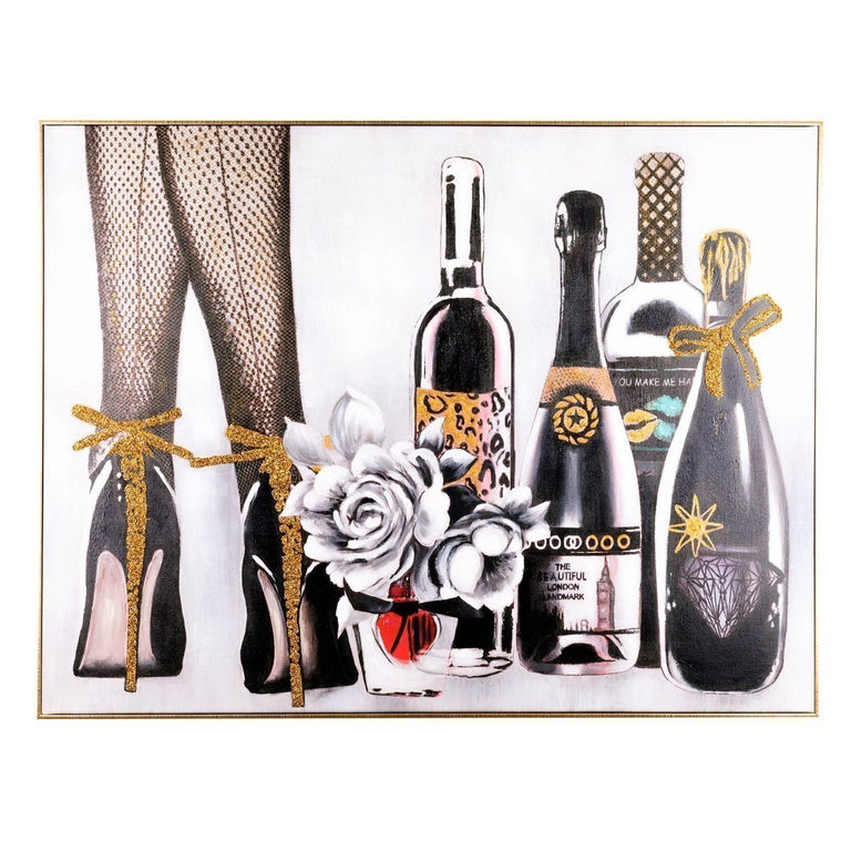Black stiletto heels with gold bows fishnet stockings white and gray roses in a red vase and several wine bottles with embellishments.