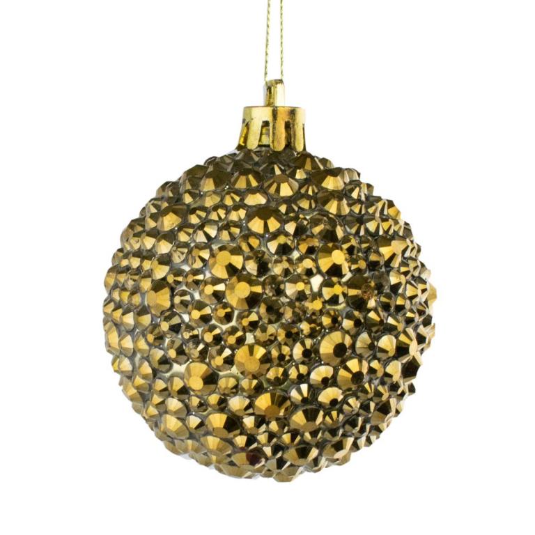 Gold spherical ornament covered in multi-sized glass rhinestones with a shiny metallic top and a hanging string.