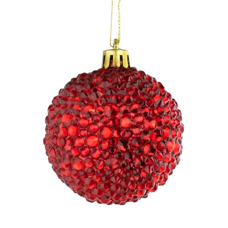 Red spherical ornament covered in multi-sized glass rhinestones with a gold cap and hanging string.