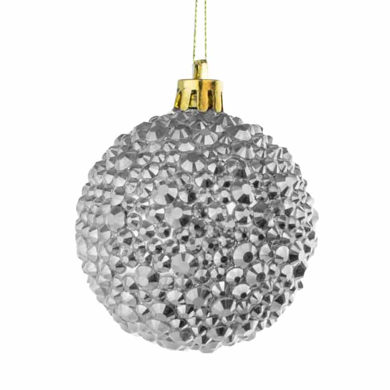 Silver spherical ornament covered in multi-sized glass rhinestones with a gold cap and a hanging string.