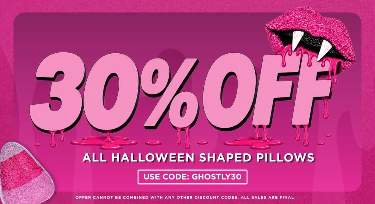 30% off all Halloween shaped pillows. Use code GHOSTLY30