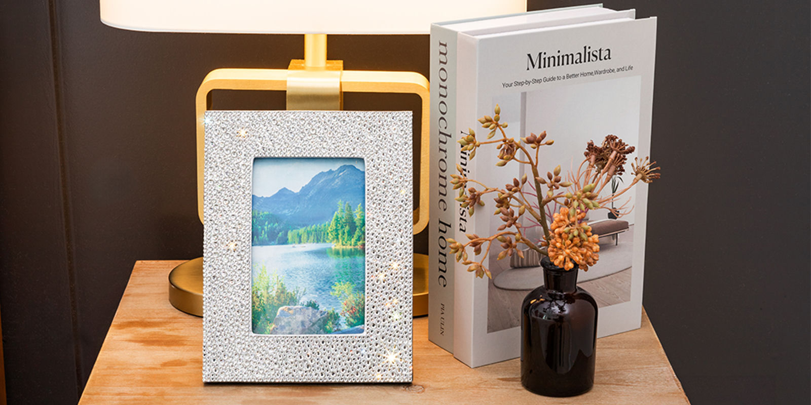 Rhinestone&amp;&#x23;x20&#x3B;picture&amp;&#x23;x20&#x3B;frame&amp;&#x23;x20&#x3B;styled&amp;&#x23;x20&#x3B;on&amp;&#x23;x20&#x3B;a&amp;&#x23;x20&#x3B;bedside&amp;&#x23;x20&#x3B;table&amp;&#x23;x20&#x3B;with&amp;&#x23;x20&#x3B;lamp&amp;&#x23;x20&#x3B;and&amp;&#x23;x20&#x3B;books