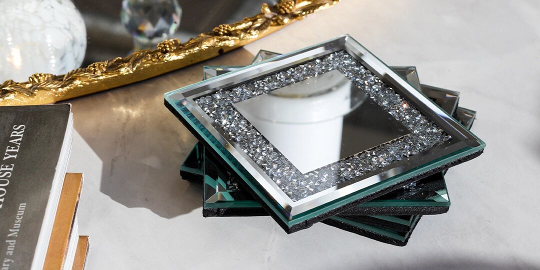 square&amp;&#x23;x20&#x3B;mirrored&amp;&#x23;x20&#x3B;coasters&amp;&#x23;x20&#x3B;with&amp;&#x23;x20&#x3B;rhinestone&amp;&#x23;x20&#x3B;borders&amp;&#x23;x20&#x3B;on&amp;&#x23;x20&#x3B;marble&amp;&#x23;x20&#x3B;surface