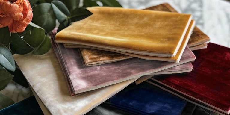 Multicolored velvet fabric swatches styled with greenery