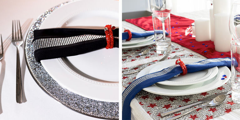 Elegant patriotic table settings with rhinestone-trimmed chargers, black and blue napkins with red crystal rings on white plates